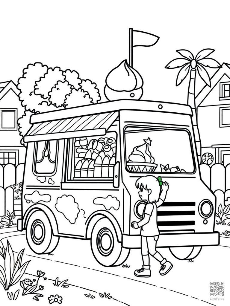 Ice cream truck in a neighborhood with kids coloring page Contour style - free printable
