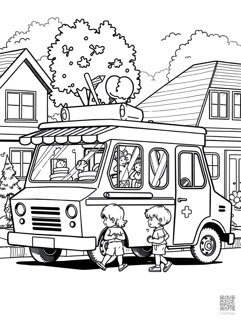 Ice cream truck in a neighborhood with kids coloring page Crosshatch style - free printable
