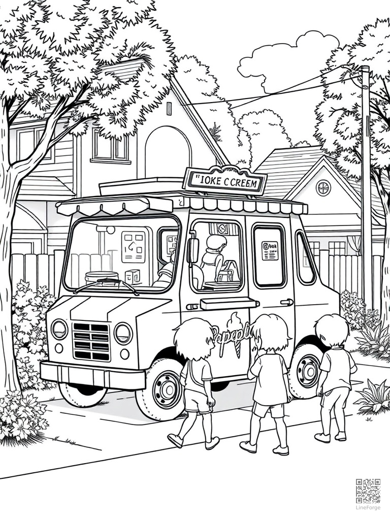 Ice cream truck in a neighborhood with kids coloring page Manga style - free printable