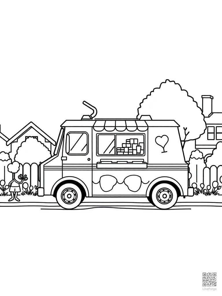 Ice cream truck in a neighborhood with kids coloring page Minimal style - free printable