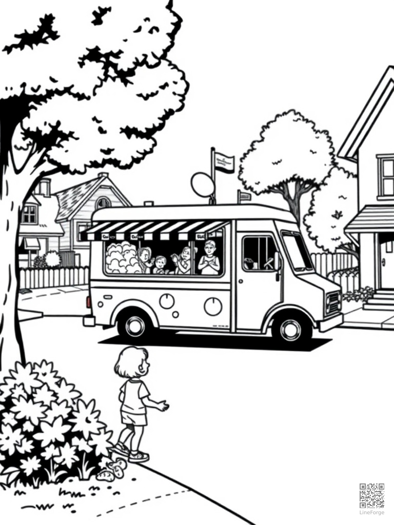 Ice cream truck in a neighborhood with kids coloring page Woodcut style - free printable