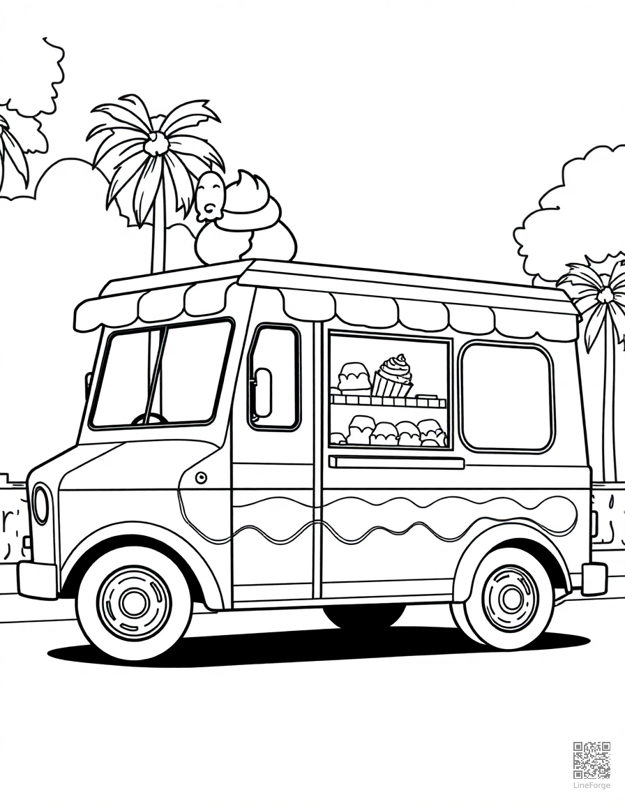 ice cream truck on a sunny street coloring page Contour style - free printable