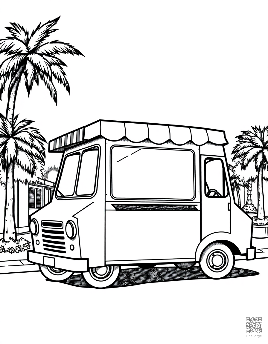 Free ice cream truck on a sunny street coloring page in crosshatch style — printable line art
