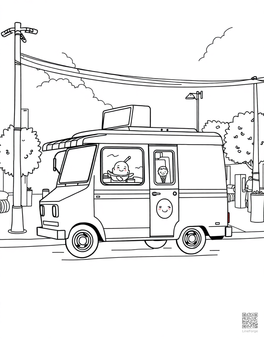 Free ice cream truck on a sunny street coloring page in manga style — printable line art