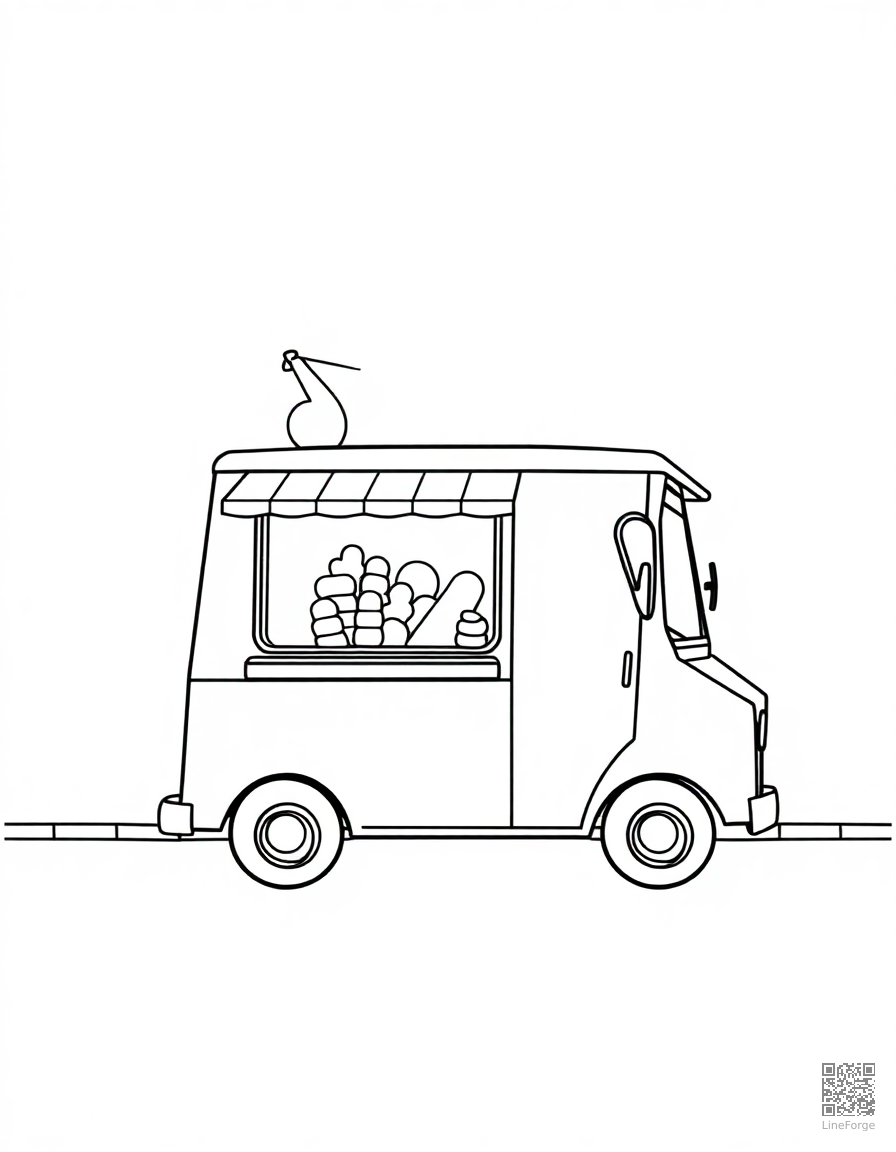 Free ice cream truck on a sunny street coloring page in minimal style — printable line art
