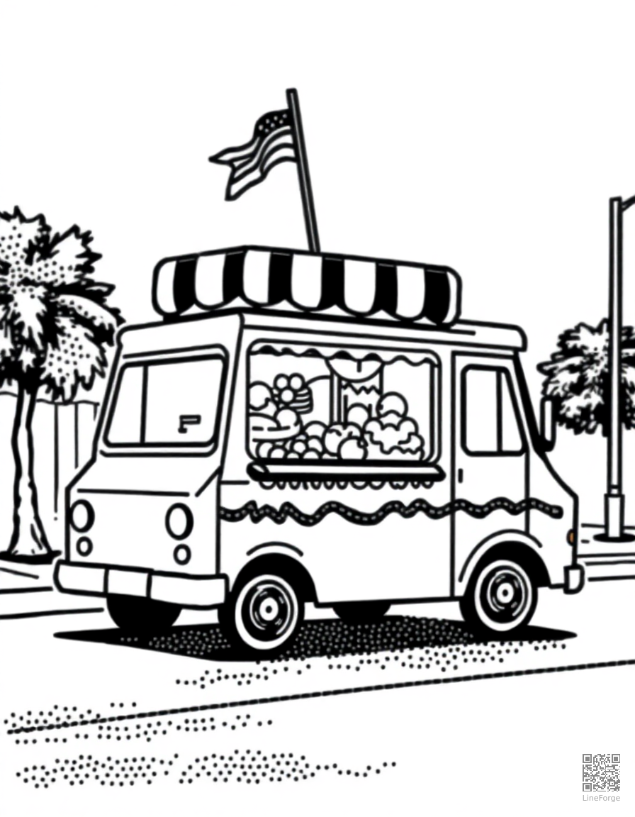 Free ice cream truck on a sunny street coloring page in stipple style — printable line art
