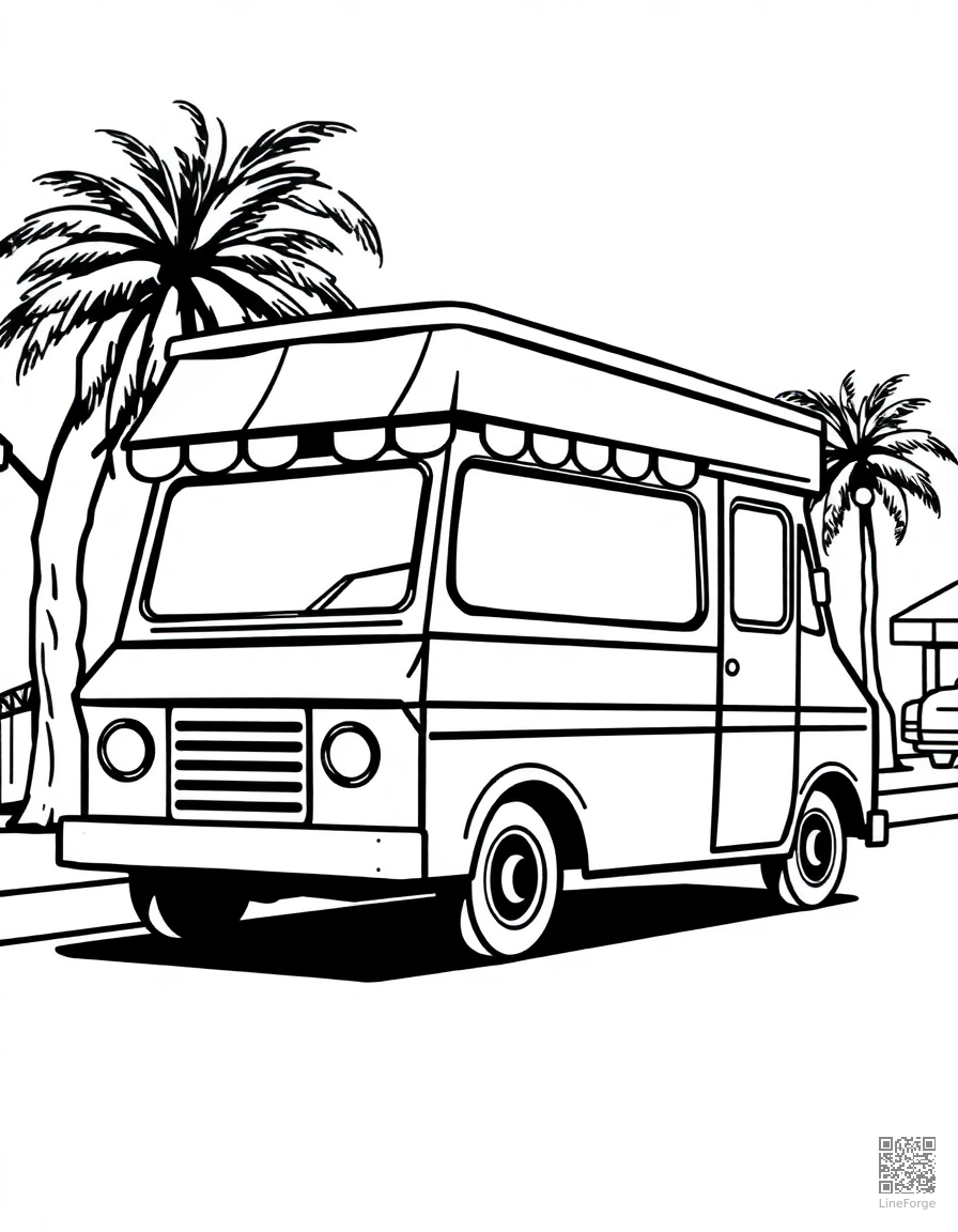 Free ice cream truck on a sunny street coloring page in woodcut style — printable line art