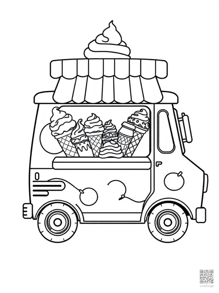 Ice cream truck with every flavor of cones coloring page Contour style - free printable