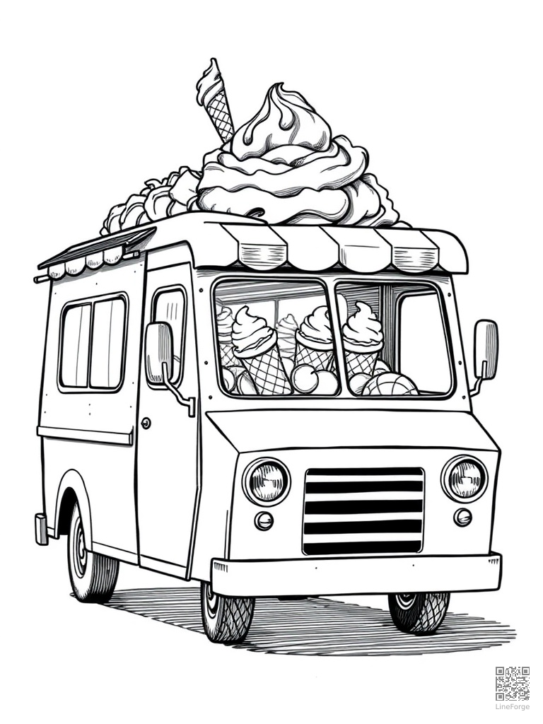 Ice cream truck with every flavor of cones coloring page Crosshatch style - free printable