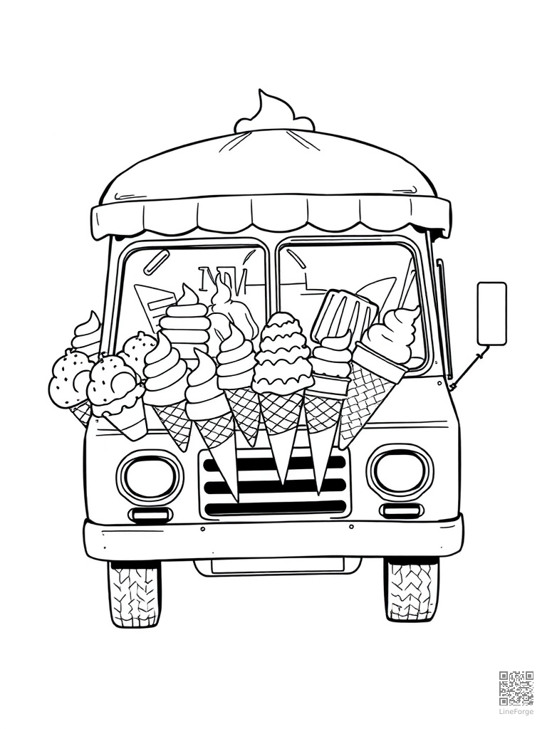 Ice cream truck with every flavor of cones coloring page Manga style - free printable