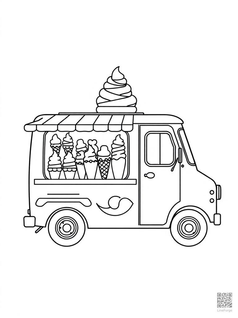 Ice cream truck with every flavor of cones coloring page Minimal style - free printable