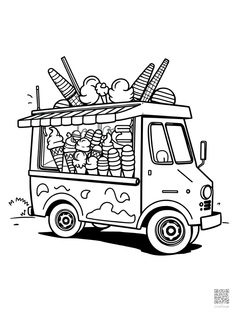 Ice cream truck with every flavor of cones coloring page Woodcut style - free printable