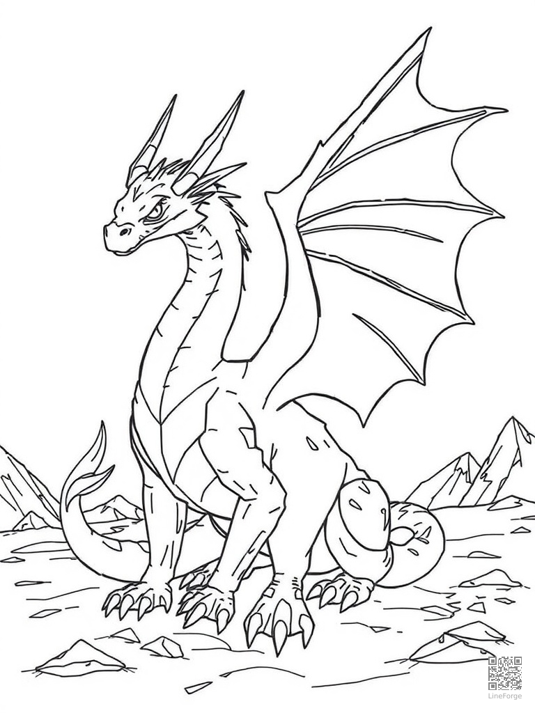 Ice dragon with crystalline wings in frozen landscape coloring page Contour style - free printable