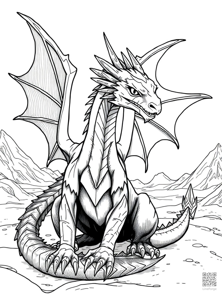 Ice dragon with crystalline wings in frozen landscape coloring page Crosshatch style - free printable