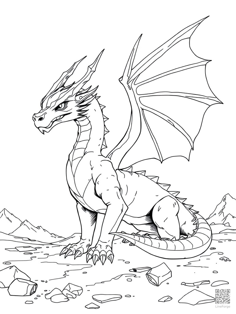 Ice dragon with crystalline wings in frozen landscape coloring page Manga style - free printable