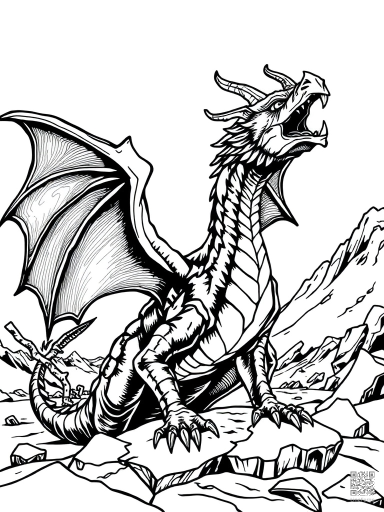 Ice dragon with crystalline wings in frozen landscape coloring page Woodcut style - free printable