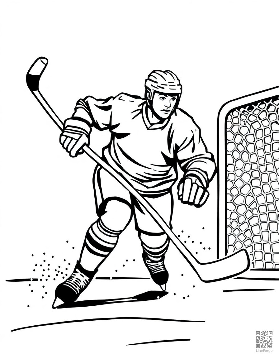 ice hockey player scoring a goal coloring page Woodcut style - free printable