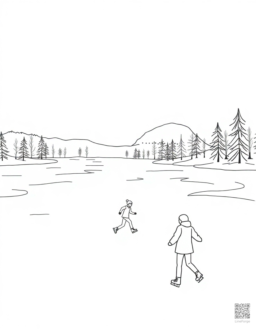 Free ice skating on a frozen lake coloring page in contour style — printable line art