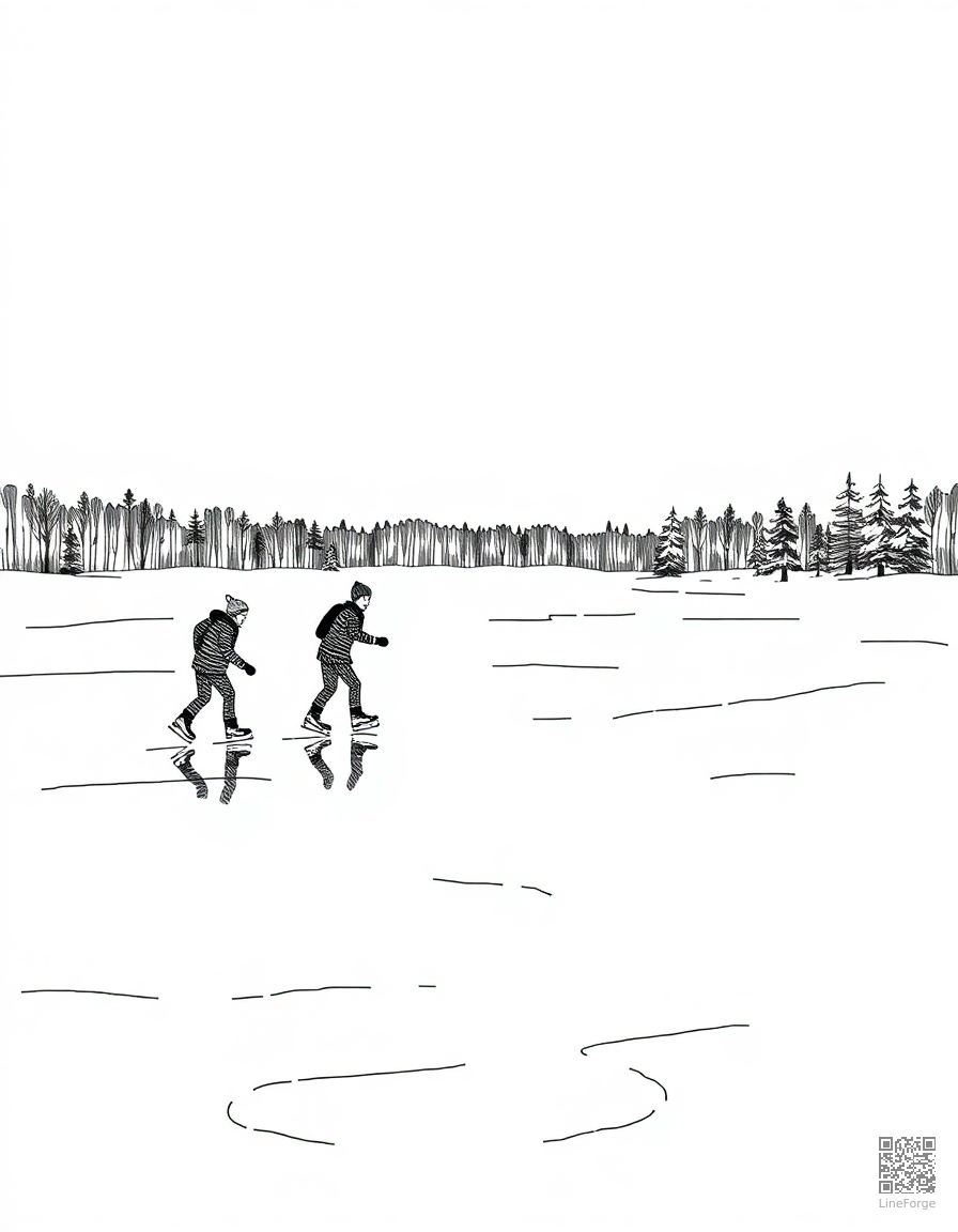 Free ice skating on a frozen lake coloring page in crosshatch style — printable line art