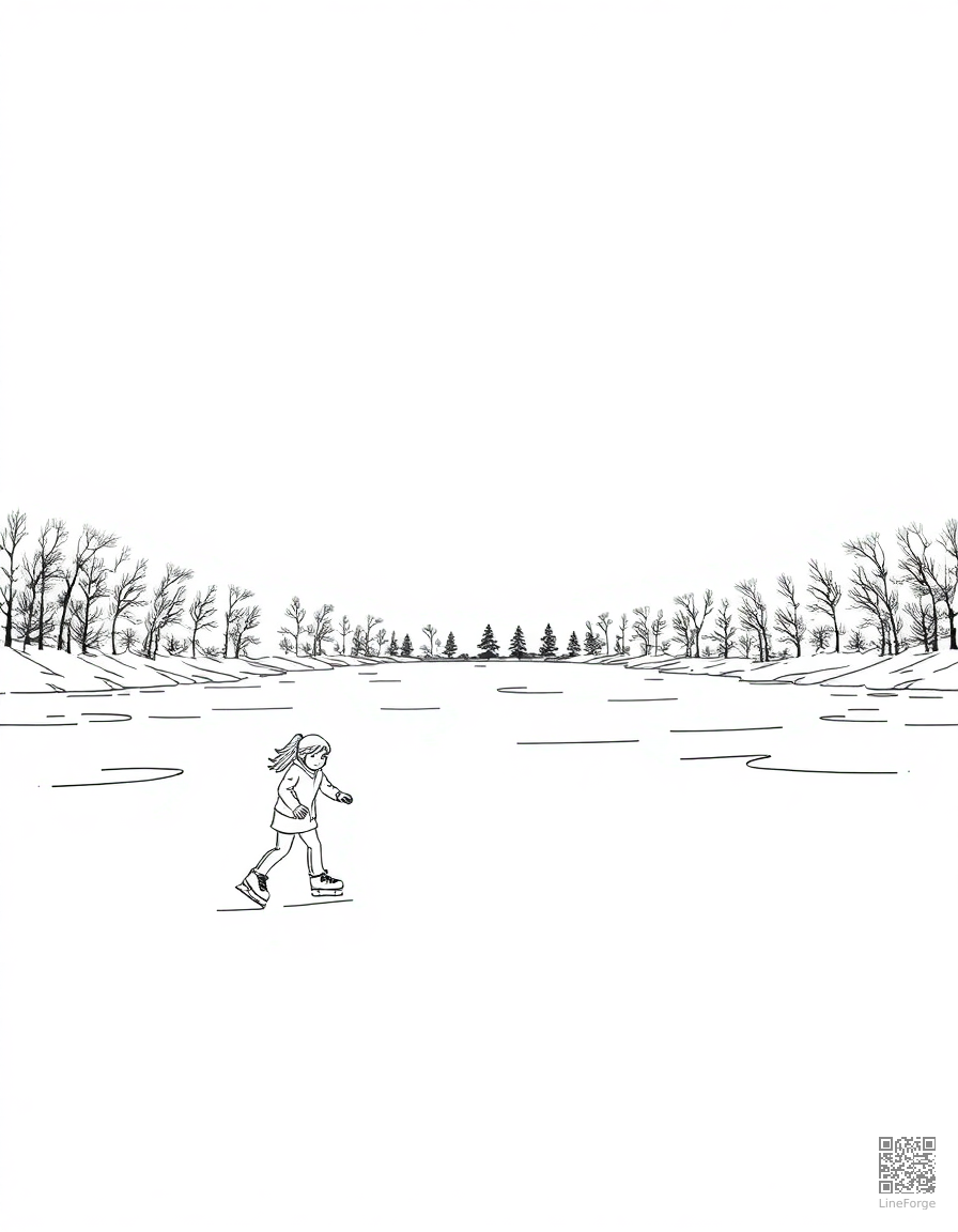 Free ice skating on a frozen lake coloring page in manga style — printable line art