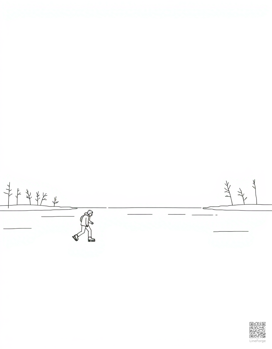 Free ice skating on a frozen lake coloring page in minimal style — printable line art