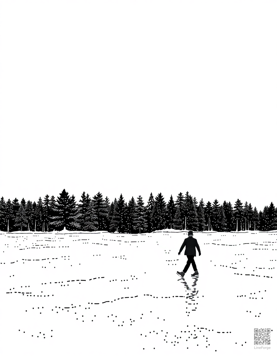 Free ice skating on a frozen lake coloring page in stipple style — printable line art