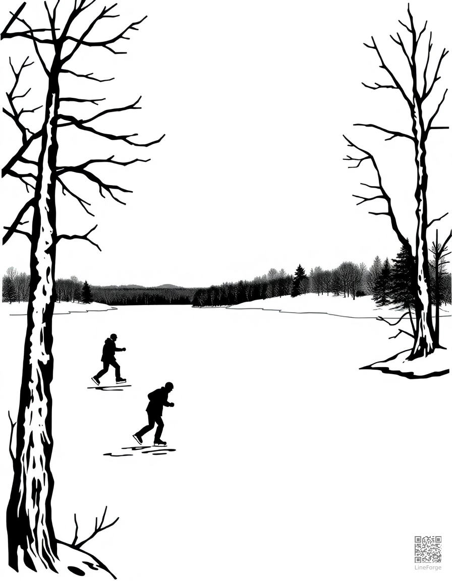 Free ice skating on a frozen lake coloring page in woodcut style — printable line art