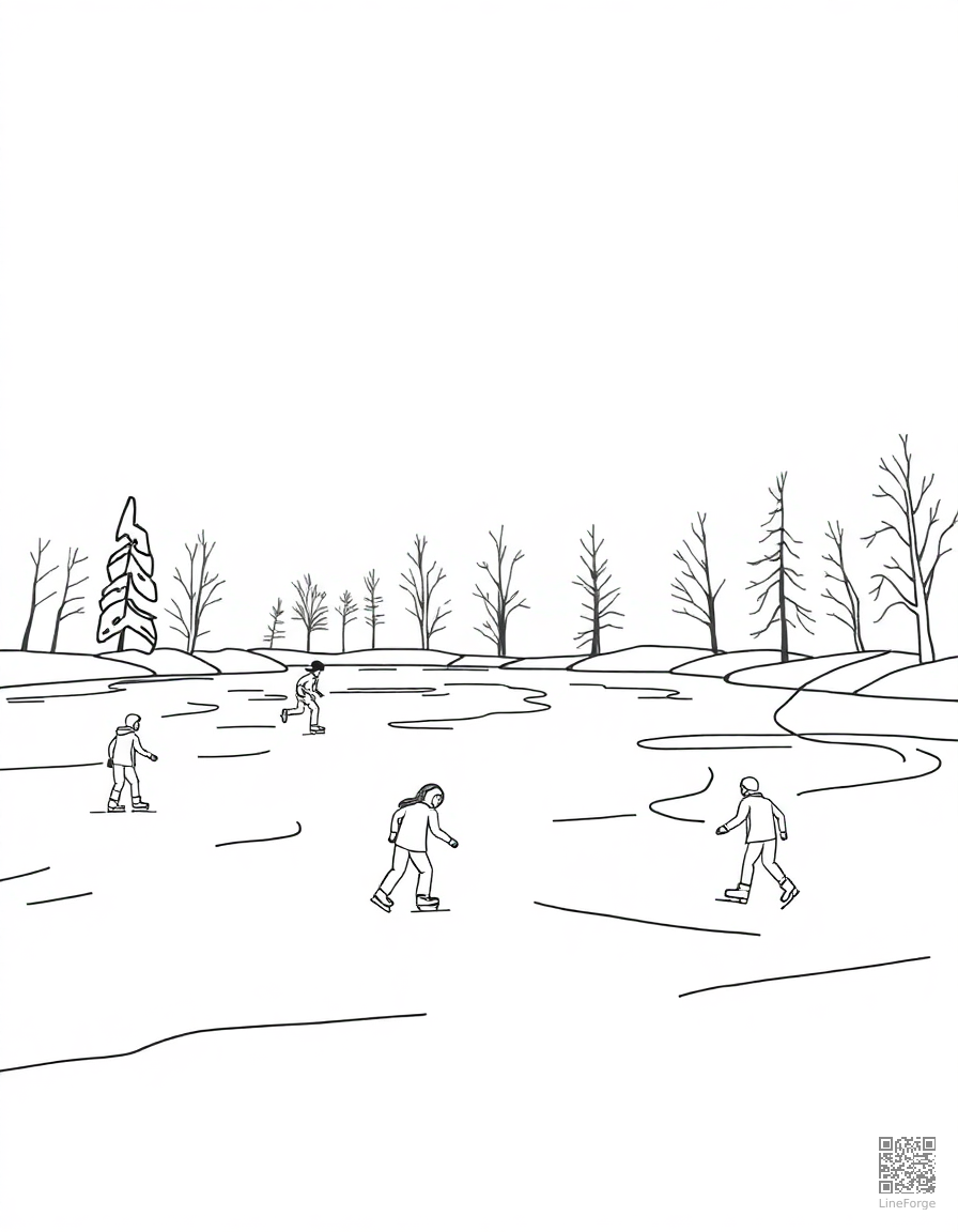 Free ice skating scene on a frozen pond coloring page in contour style — printable line art