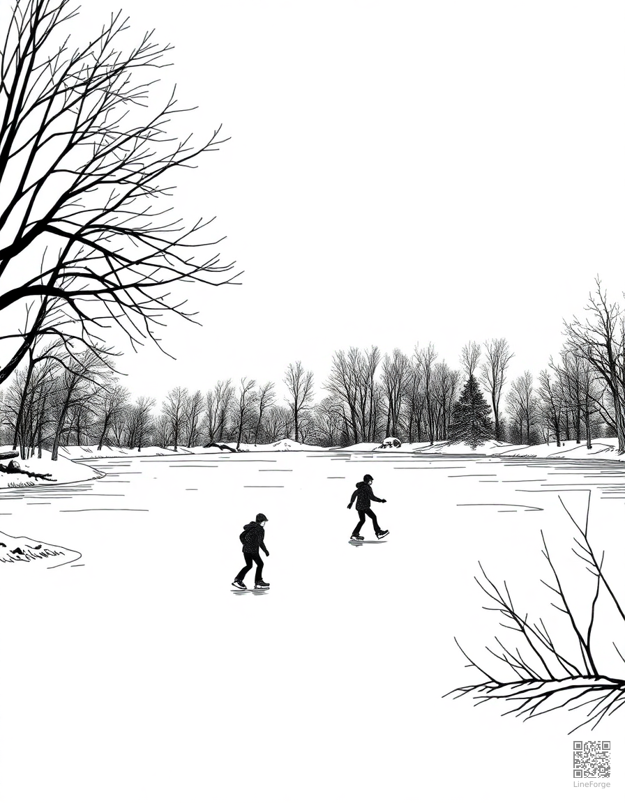 Free ice skating scene on a frozen pond coloring page in crosshatch style — printable line art
