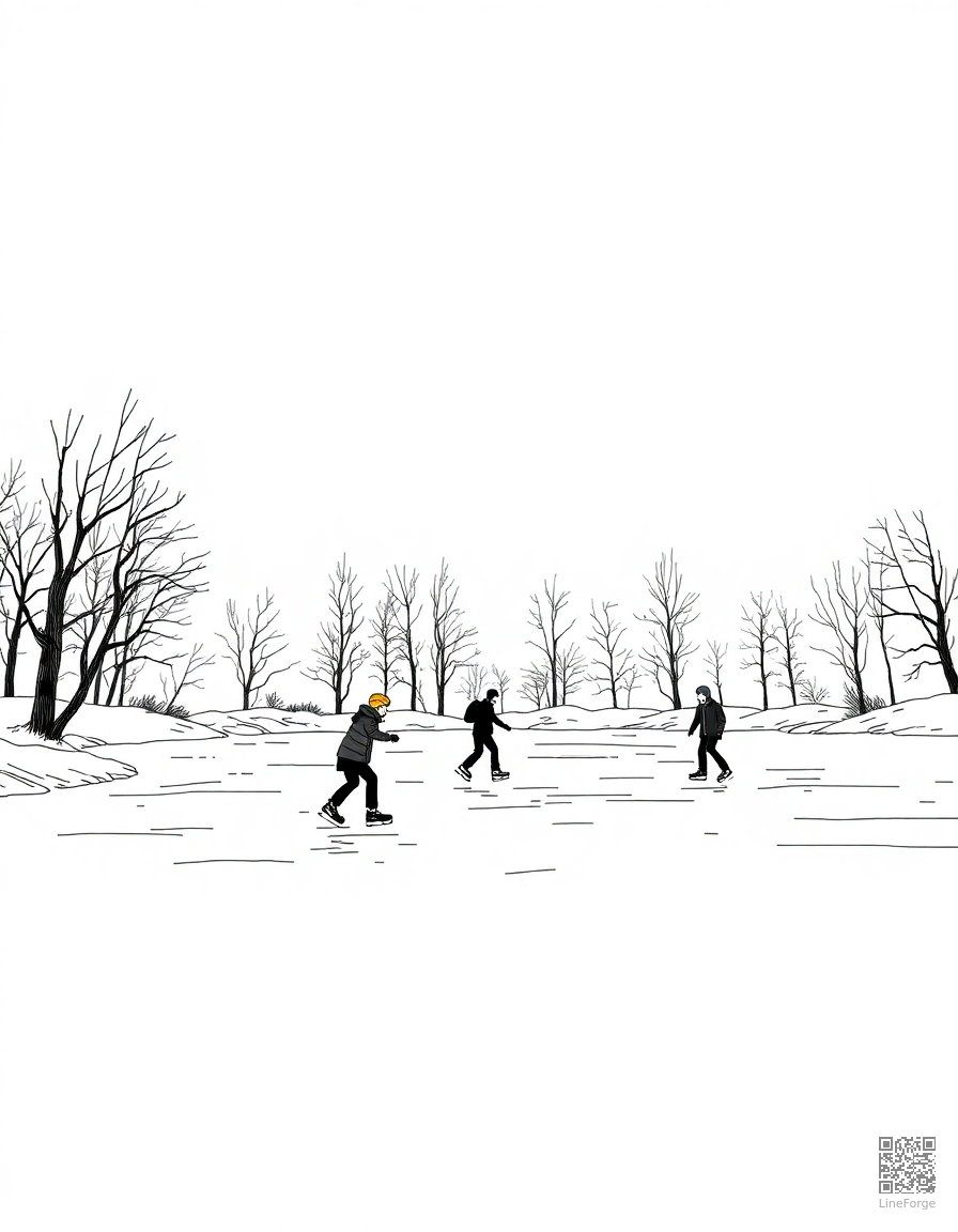 ice skating scene on a frozen pond coloring page Manga style - free printable