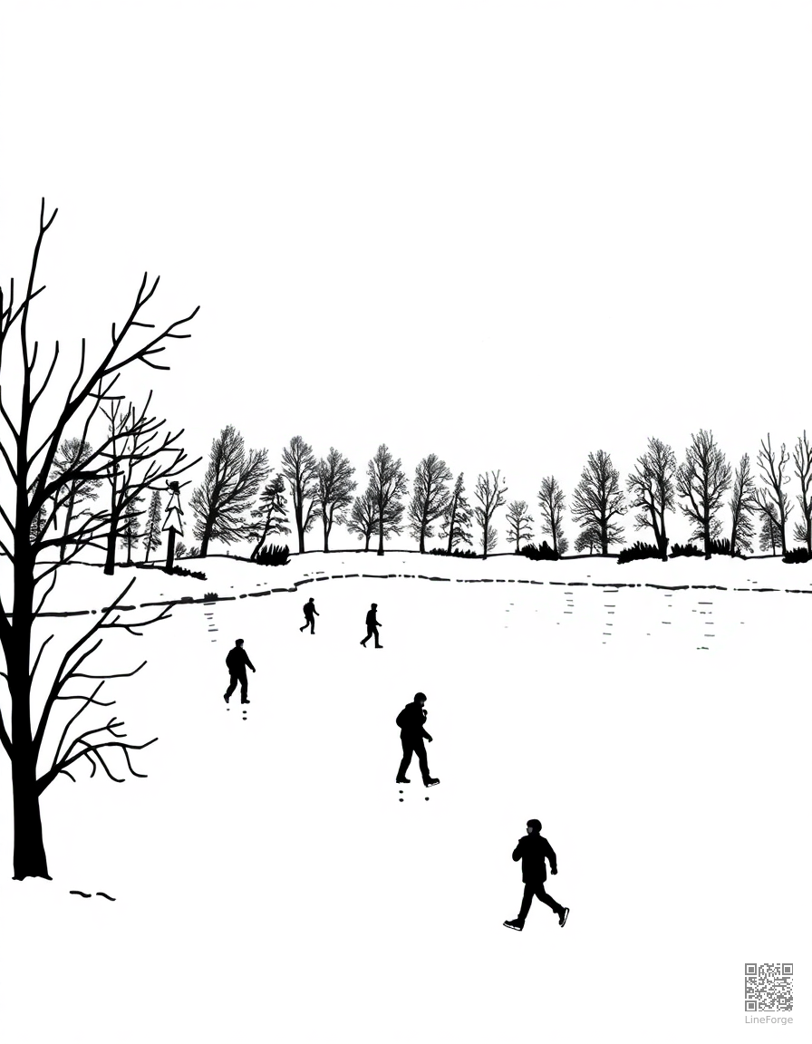 Free ice skating scene on a frozen pond coloring page in stipple style — printable line art