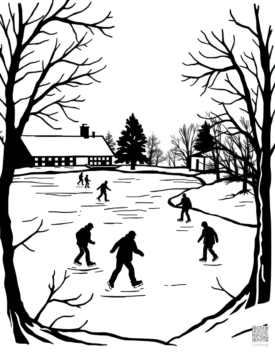 Free ice skating scene on a frozen pond coloring page in woodcut style — printable line art
