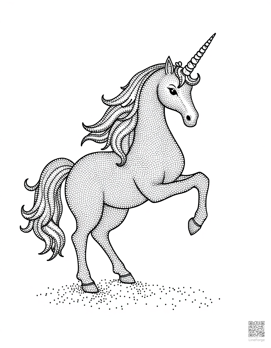 ice unicorn made of crystal and frost coloring page Stipple style - free printable