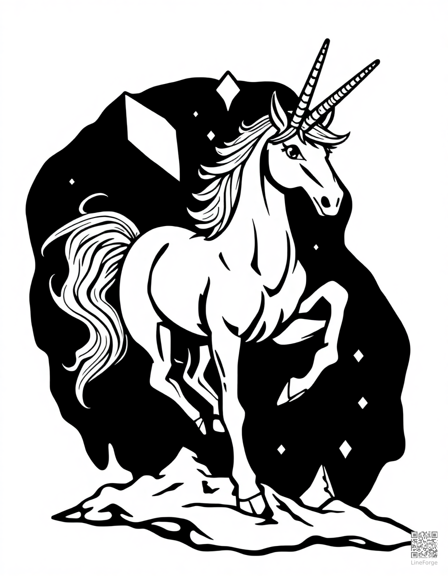 ice unicorn made of crystal and frost coloring page Woodcut style - free printable