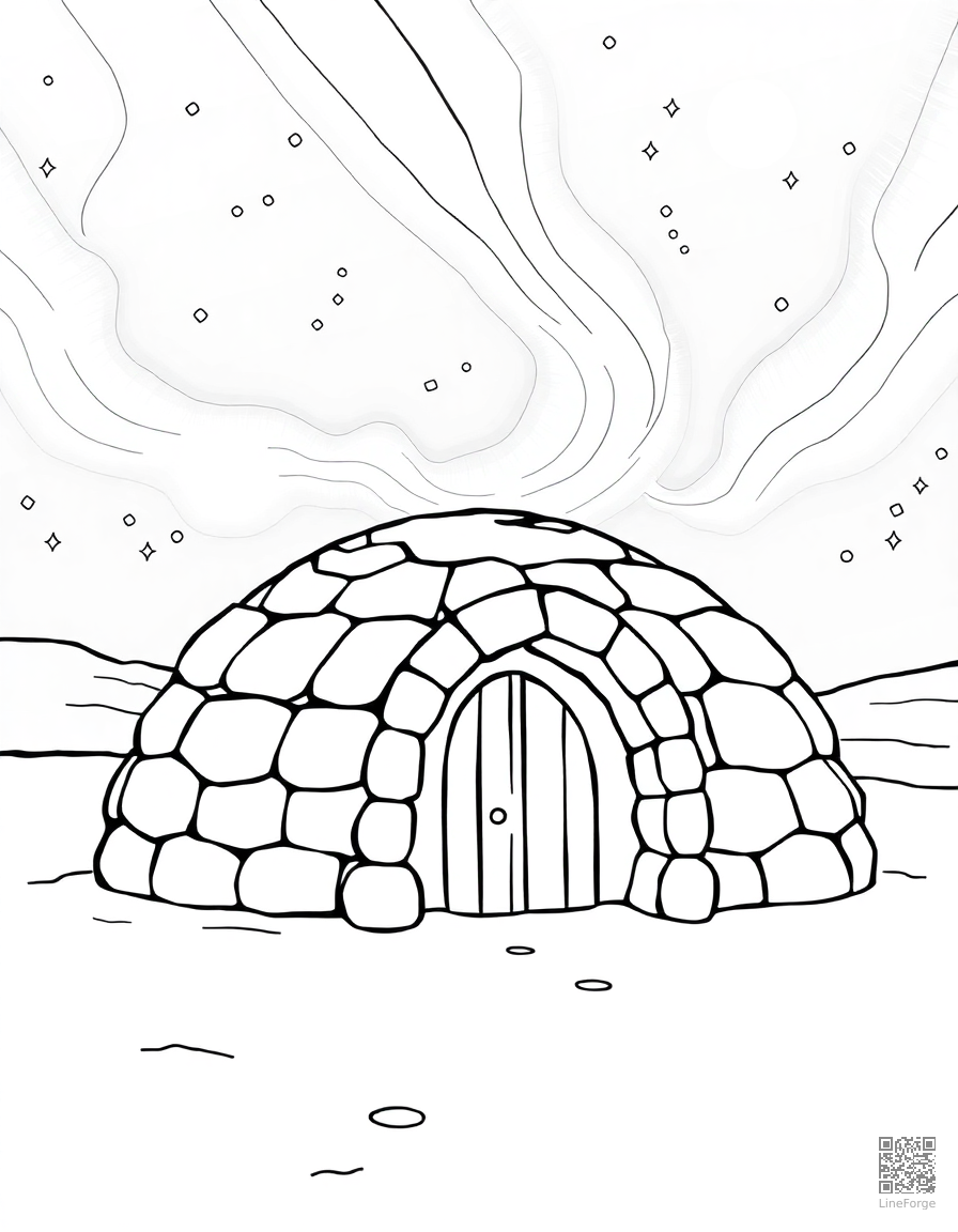 Free igloo under the northern lights coloring page in contour style — printable line art