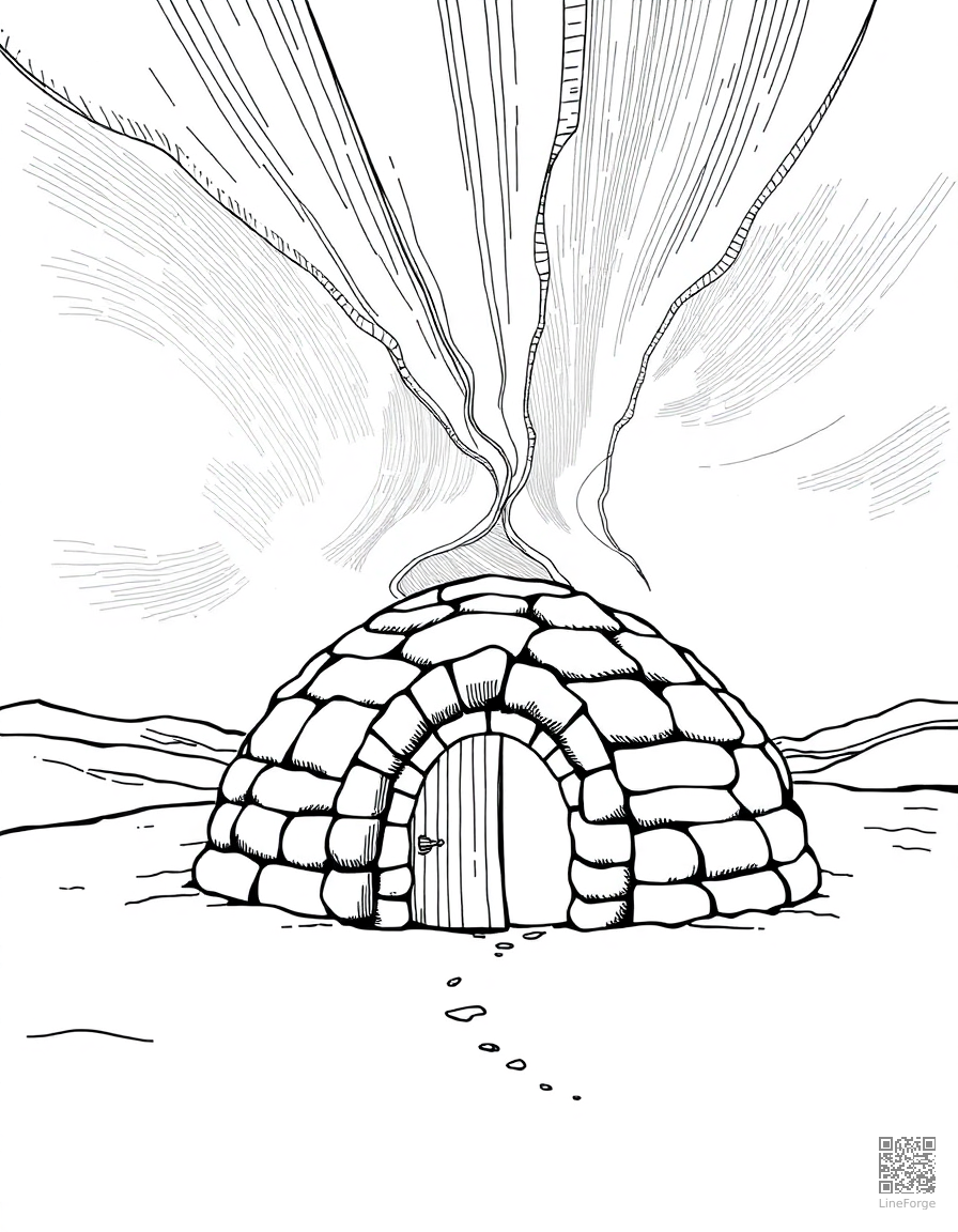 Free igloo under the northern lights coloring page in crosshatch style — printable line art