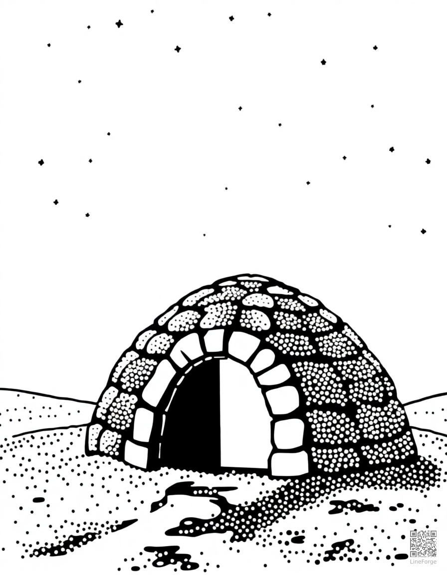 Free igloo under the northern lights coloring page in stipple style — printable line art