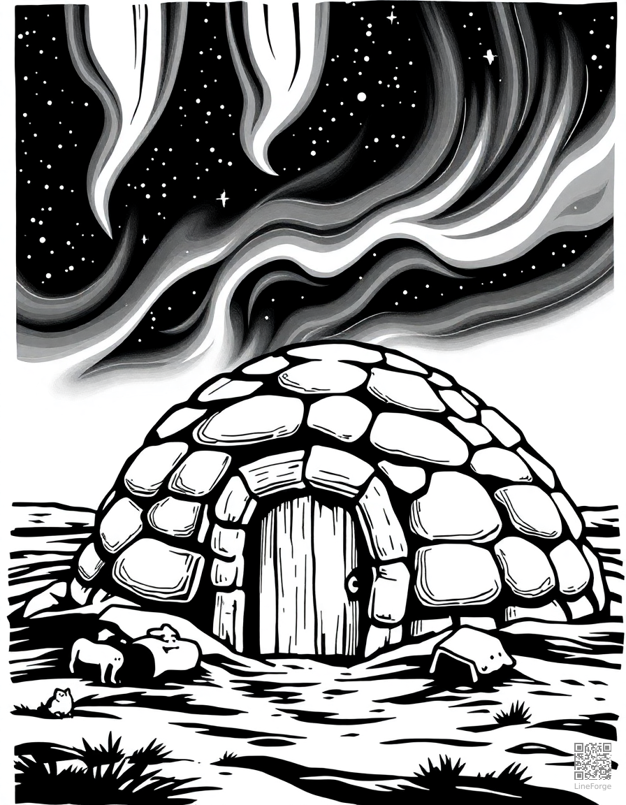 Free igloo under the northern lights coloring page in woodcut style — printable line art