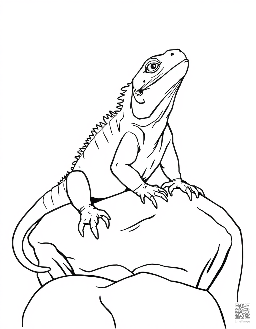 iguana basking on a warm rock coloring page Contour style - free printable