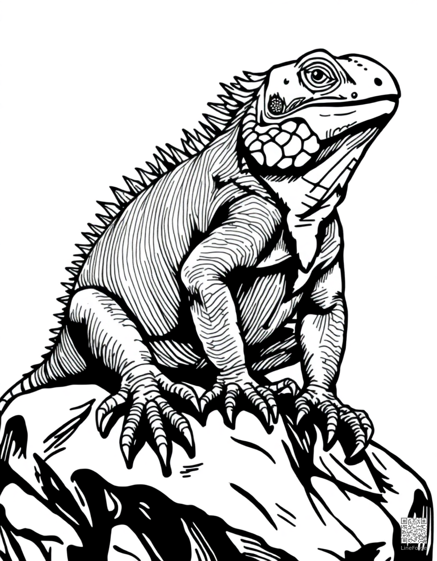 iguana basking on a warm rock coloring page Crosshatch style - free printable