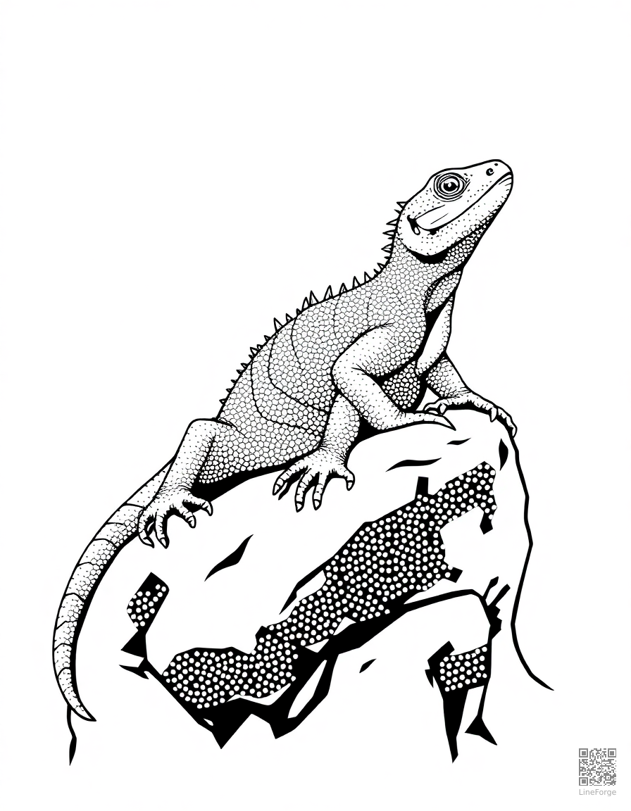 iguana basking on a warm rock coloring page Stipple style - free printable