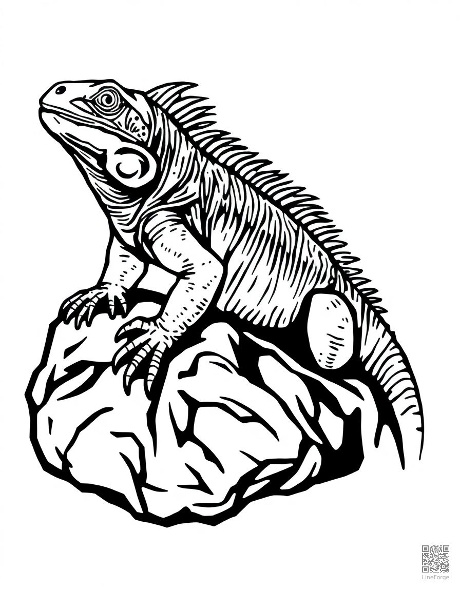 iguana basking on a warm rock coloring page Woodcut style - free printable
