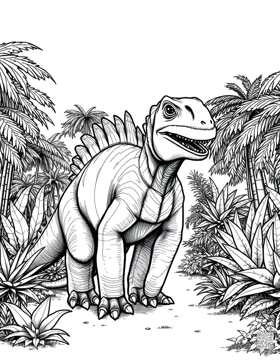 iguanodon standing in a lush prehistoric garden coloring page Crosshatch style - free printable