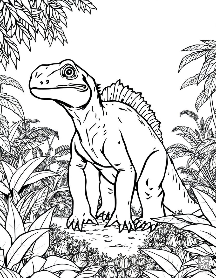 iguanodon standing in a lush prehistoric garden coloring page Manga style - free printable