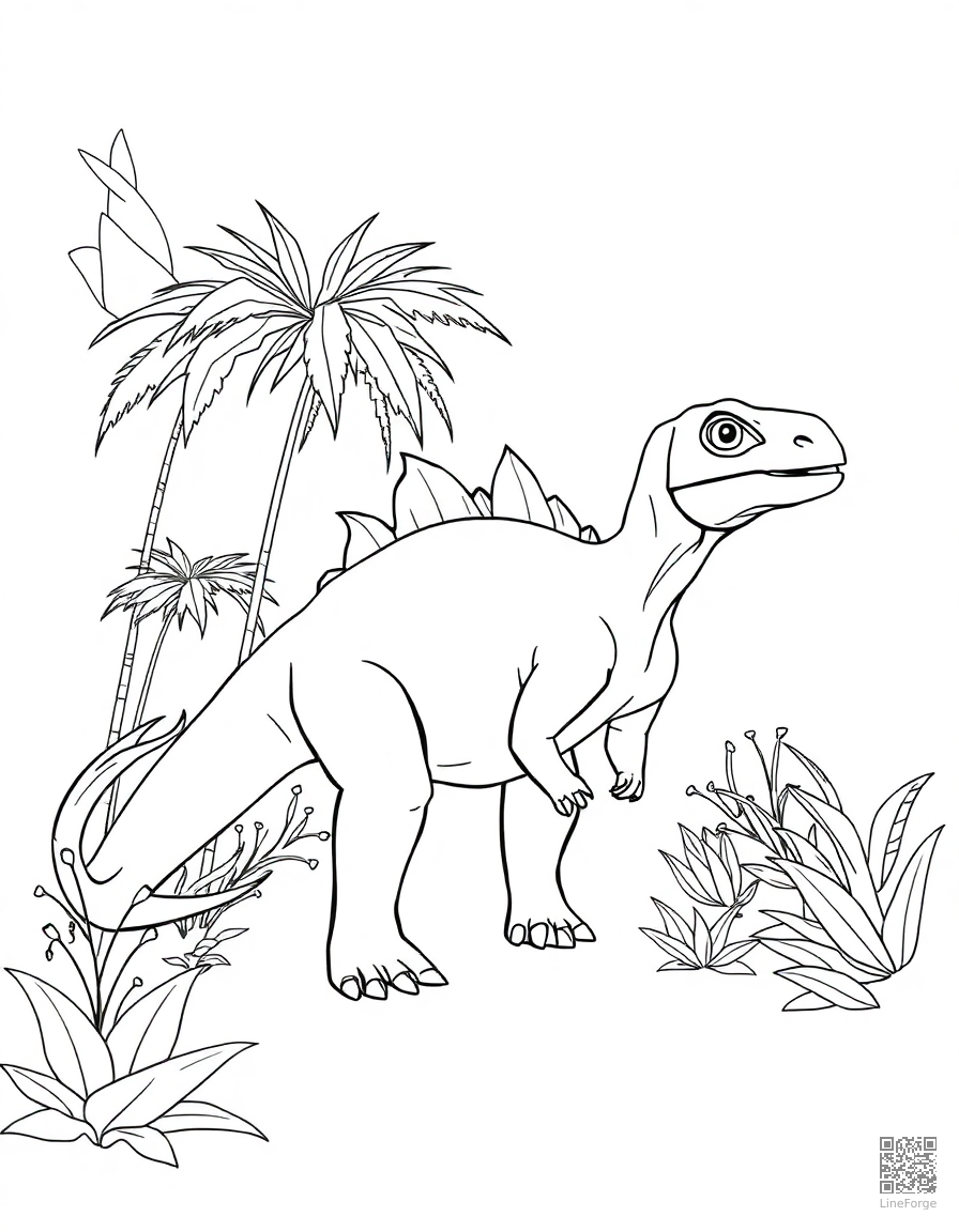iguanodon standing in a lush prehistoric garden coloring page Minimal style - free printable