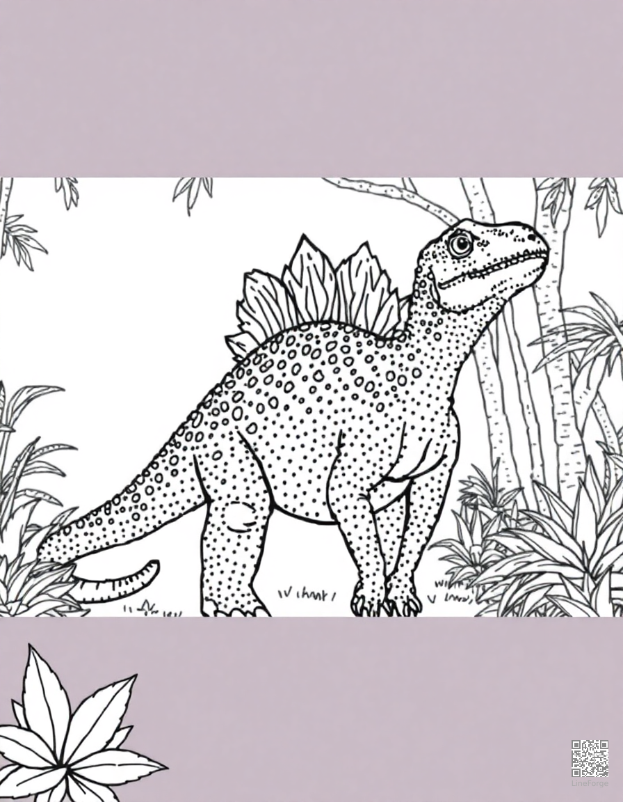 iguanodon standing in a lush prehistoric garden coloring page Stipple style - free printable