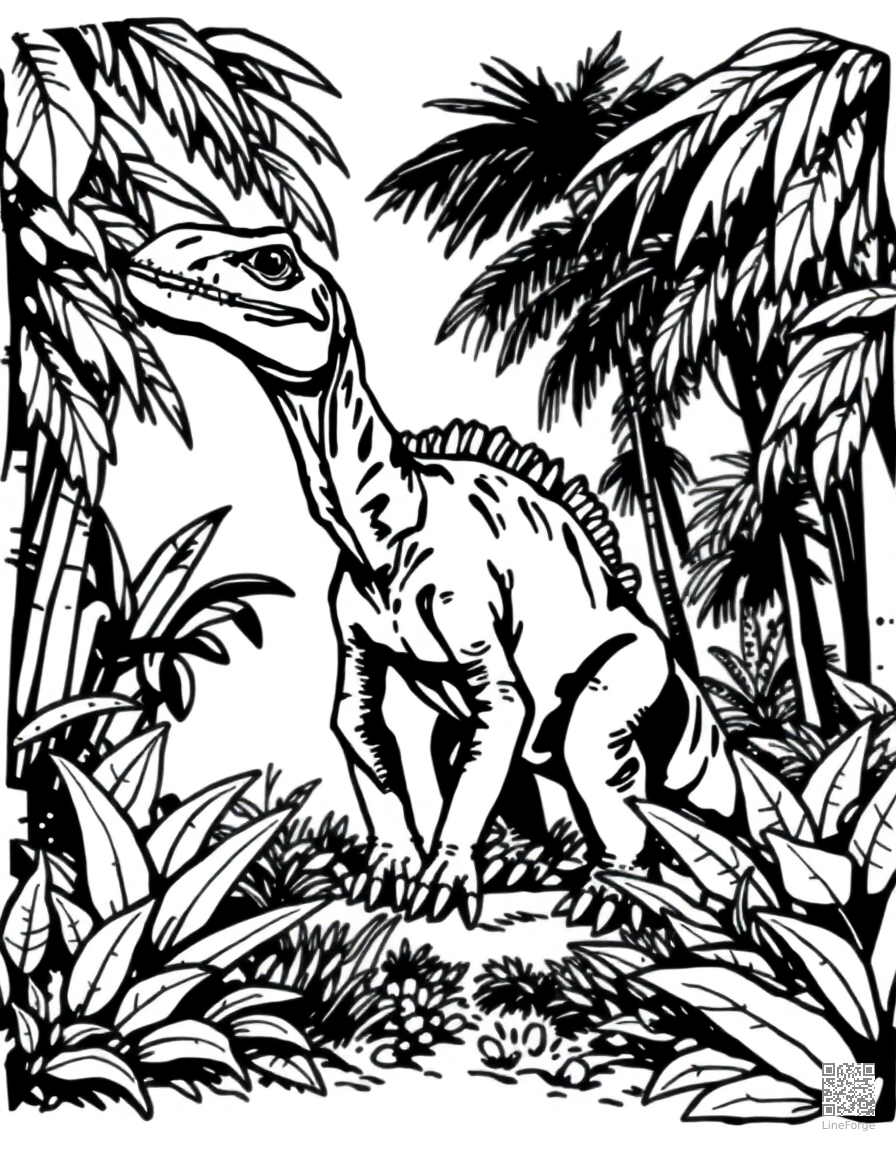 iguanodon standing in a lush prehistoric garden coloring page Woodcut style - free printable