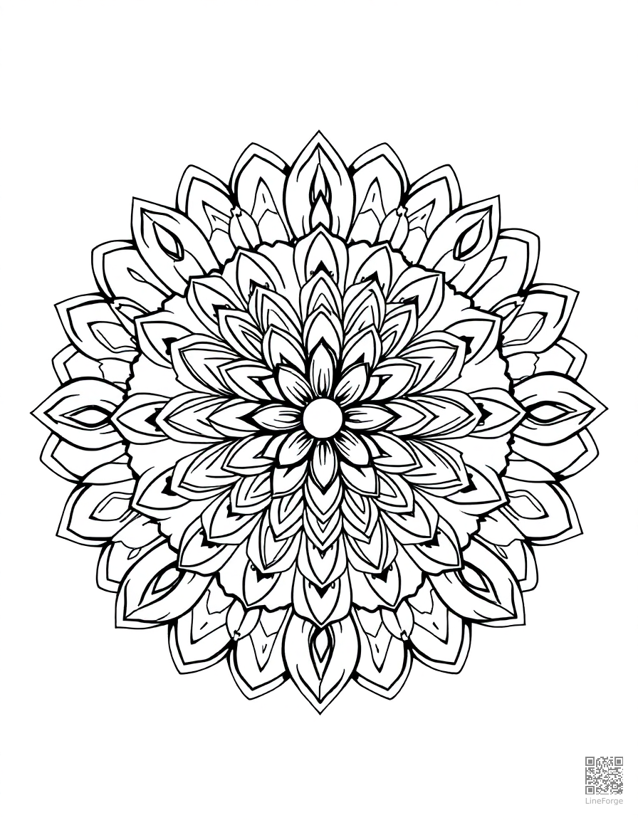 intricate mandala with floral center design coloring page Contour style - free printable
