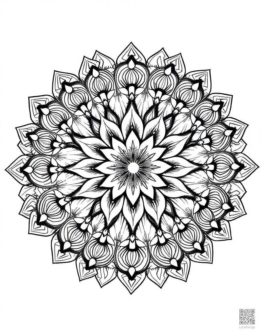intricate mandala with floral center design coloring page Crosshatch style - free printable