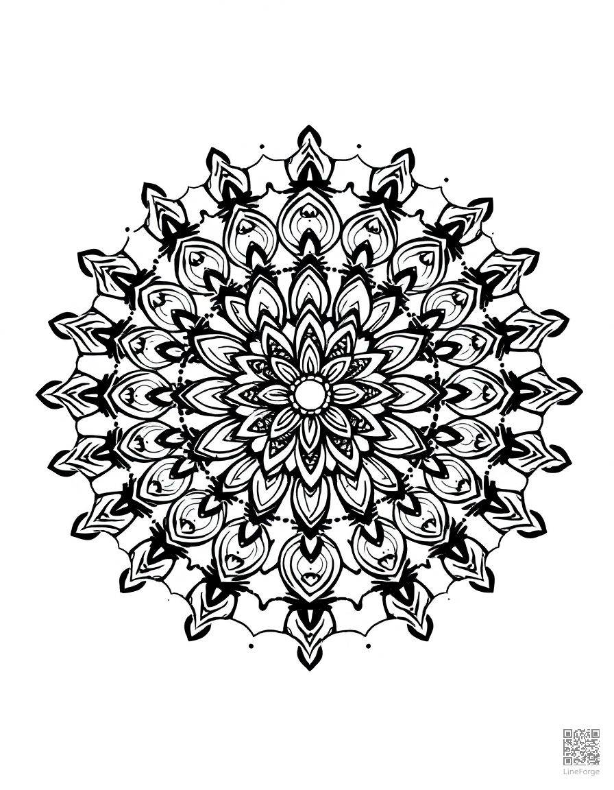 intricate mandala with floral center design coloring page Stipple style - free printable